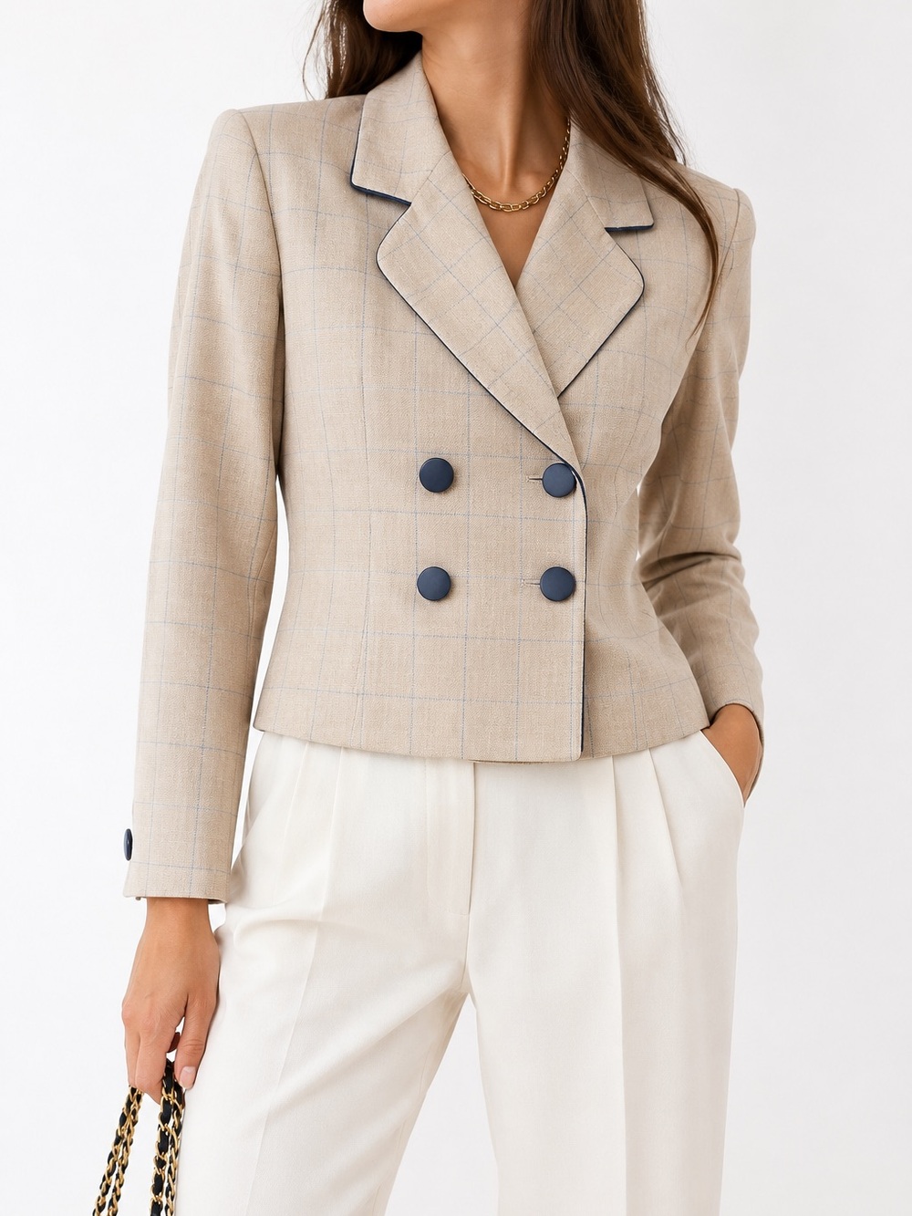 Dior Beige Windowpane Double-Breasted Blazer with Navy Trim